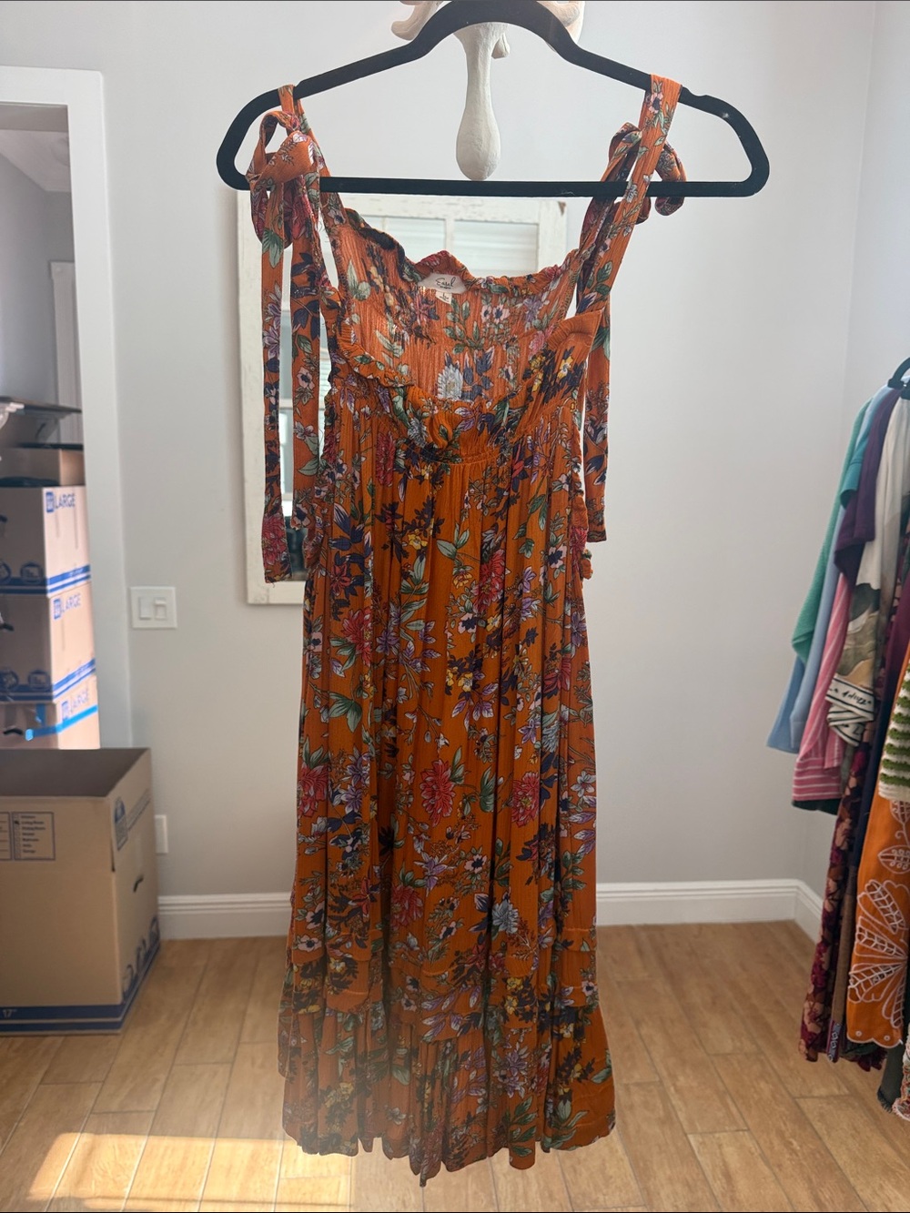 EASEL - Floral Tie-Shoulder Maxi Dress - Rust Orange- SZ LARGE